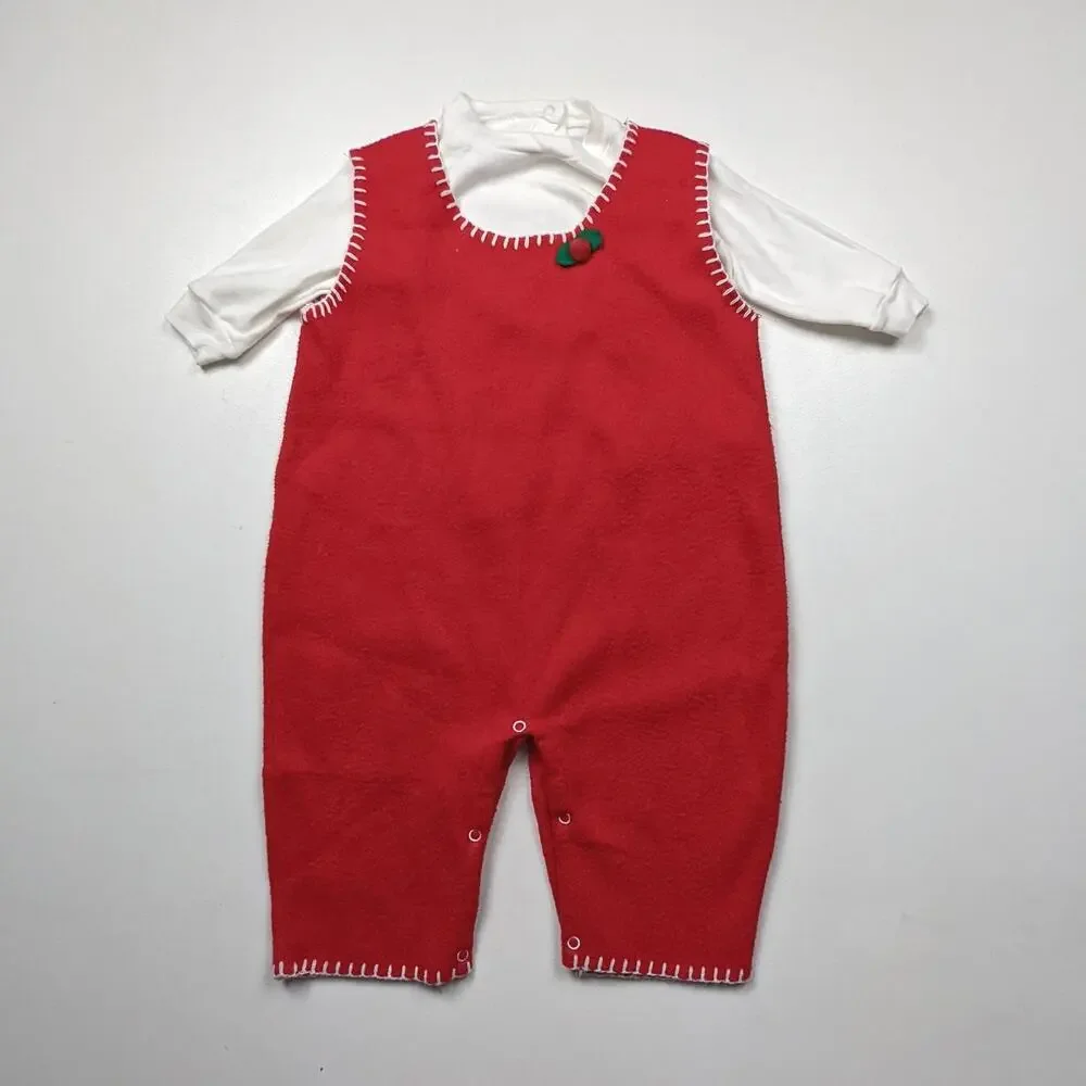 Vintage Mullin Square Outfit Girls Size 18m Red Fleece Holly Christmas